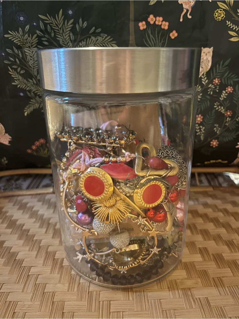 Assorted Gold-Tone , silver tone Jewelry in Glass Jar